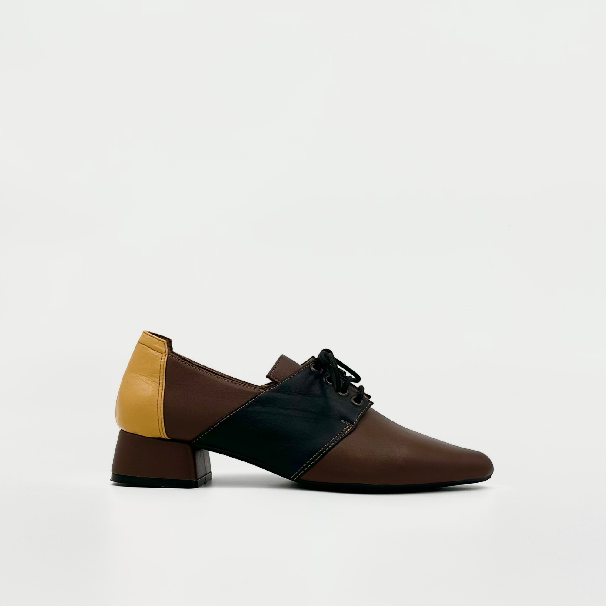 Brown black mustard leather lace-up shoes with 3.5cm heel