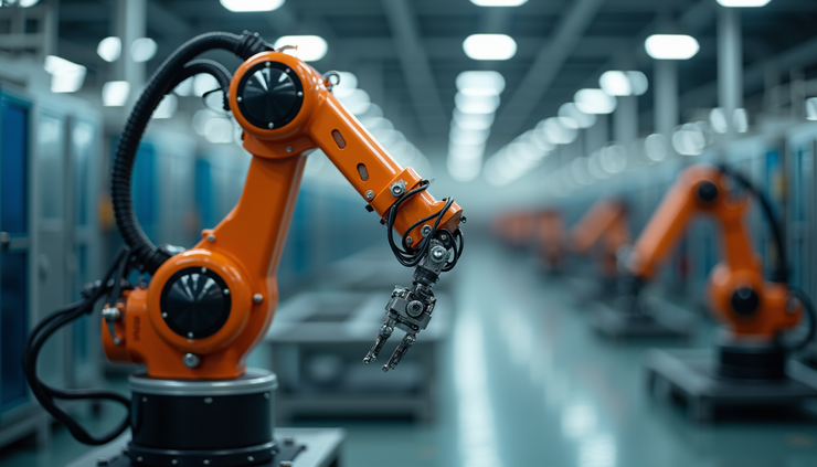 Eye-level view of an automated robotic arm assembling machinery in a manufacturing plant