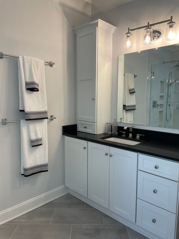 Dual vanities with storage and black granite 
