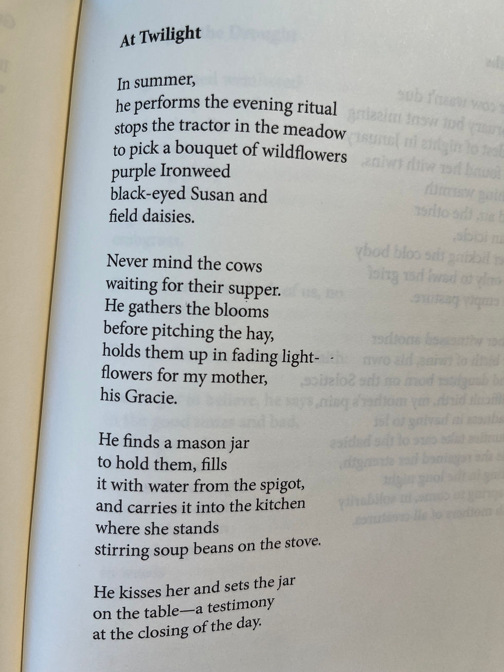 Page with a poem titled "At Twilight" describing evening rituals, picking flowers, and setting a jar on a table. Calm and reflective mood.