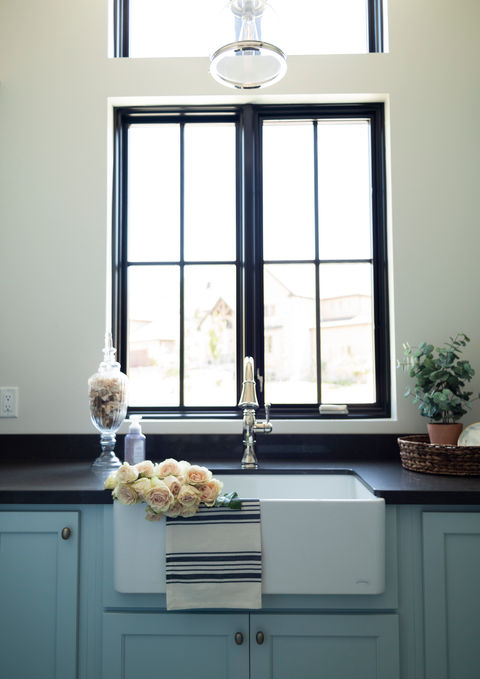 Farmhouse sink, Laundry room, Blue laundry room Utah interior design