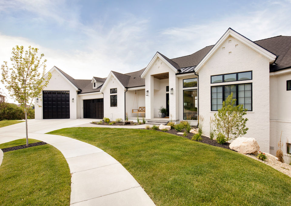 1907-White Brick Home Exterior, Custom Home, Glass house collective interior design, Utah, Black windows