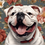 Thumbnail: Smiling bulldog with red collar and tongue, floral background, happy dog.