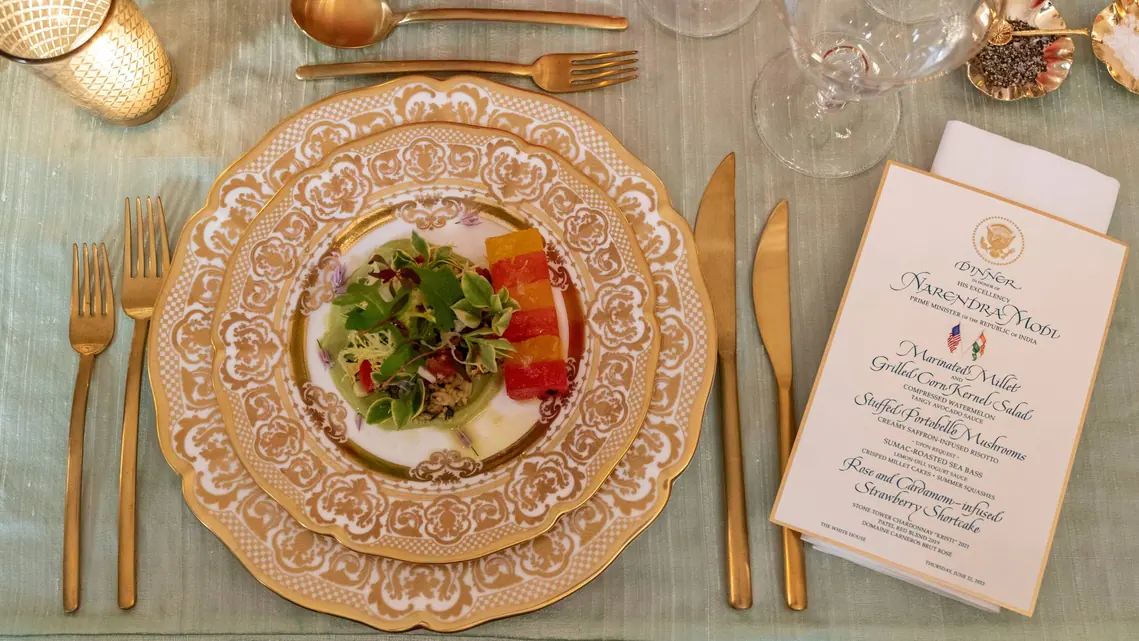 The first course featured a refreshing combination of marinated millet, grilled corn kernel salad, compressed watermelon, and a tangy avocado sauce. 