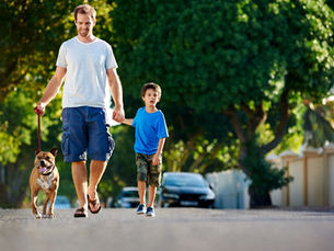 Dad and child walking the family dog on a suburban street