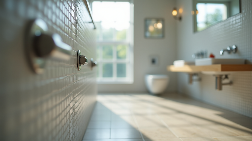 Close-up view of bathroom tiles and fixtures