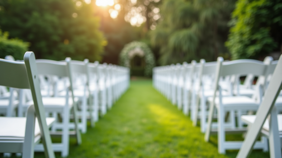 Eye-level view of white folding chairs arranged in a garden party setting