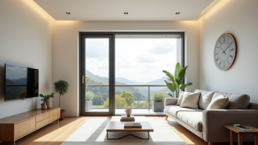 Eye-level view of modern energy-efficient window installed in a living room