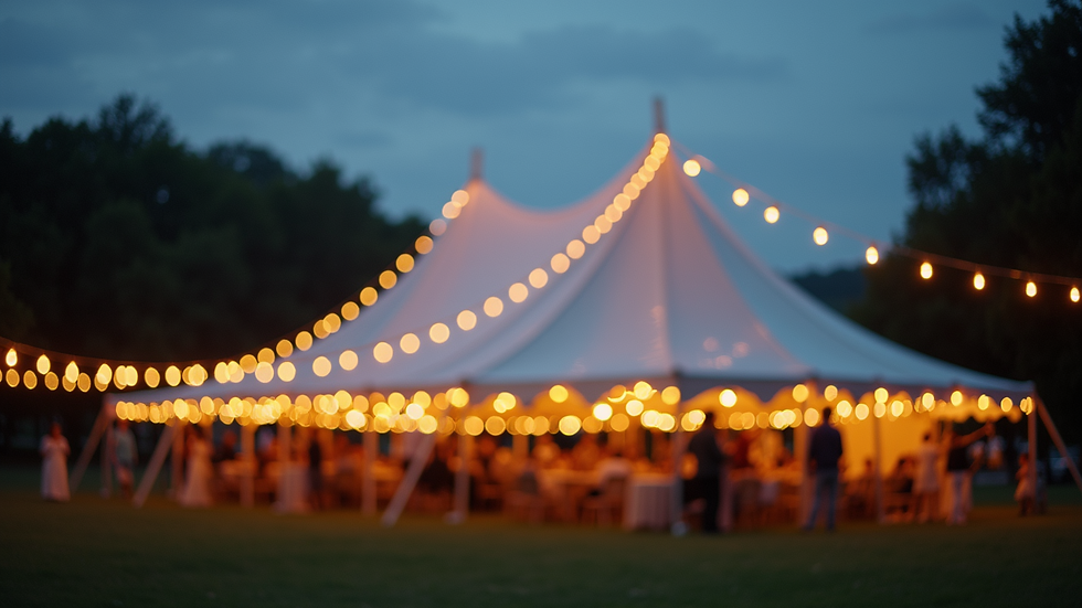 Close-up view of a white party tent with string lights at dusk
