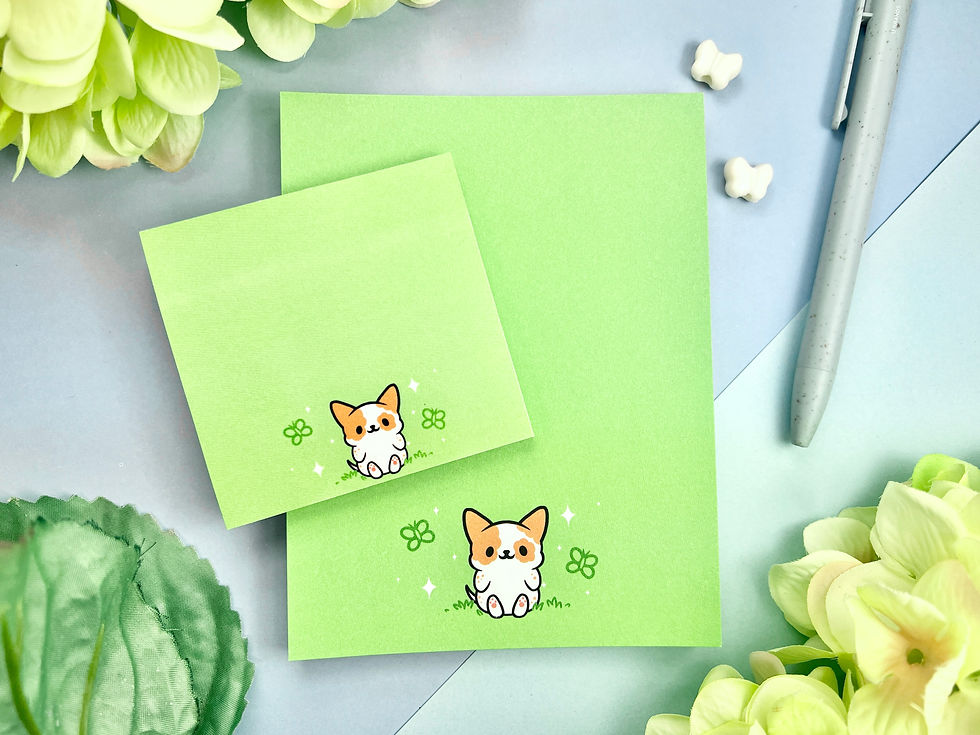 Gift set with green notepad and sticky note featuring kawaii dog and butterflies, 5.5 x 4.25 and 3 x 3 inch pads