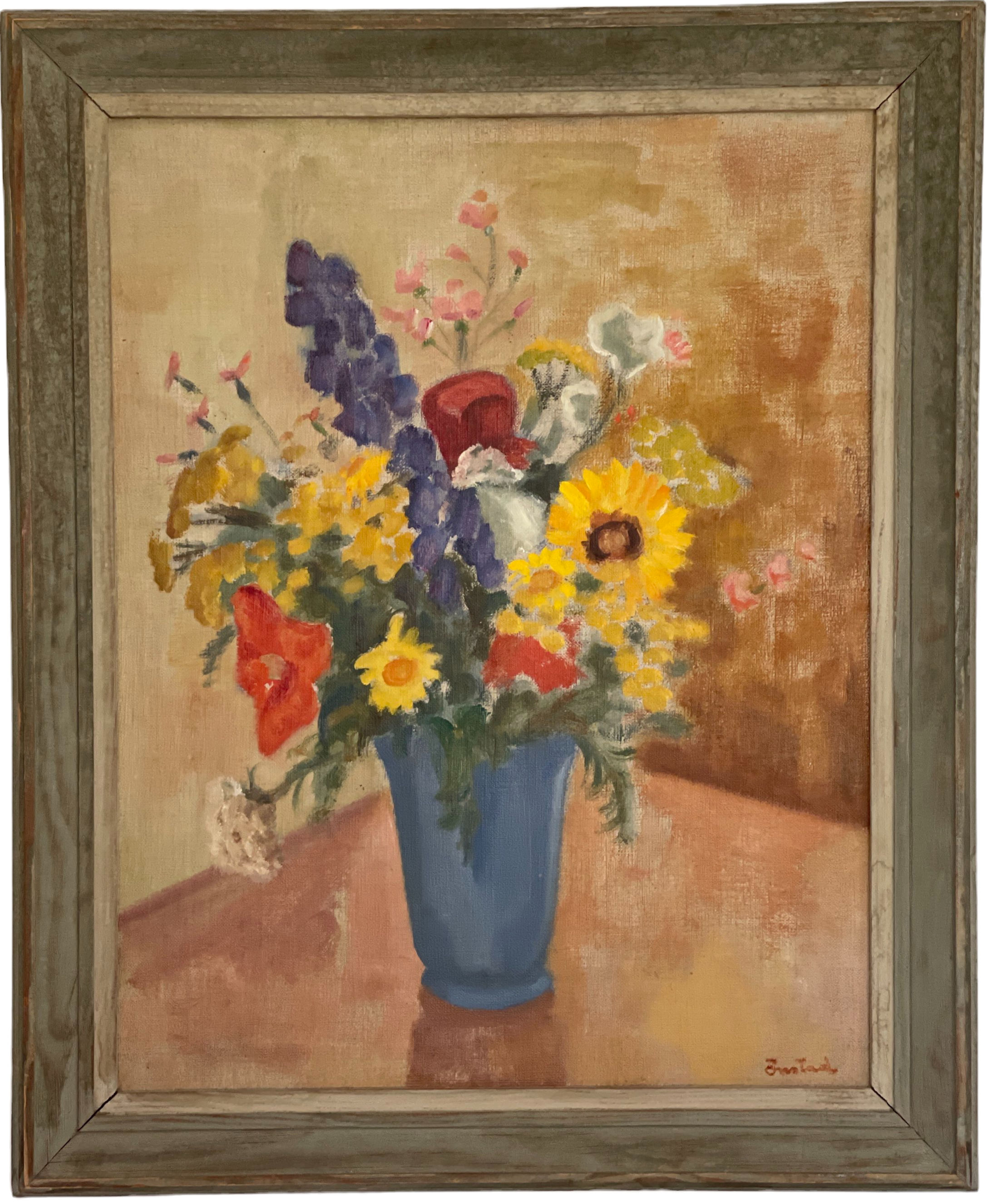 Large Mid-Century Swedish Oil Painting of Flowers in a Blue Vase