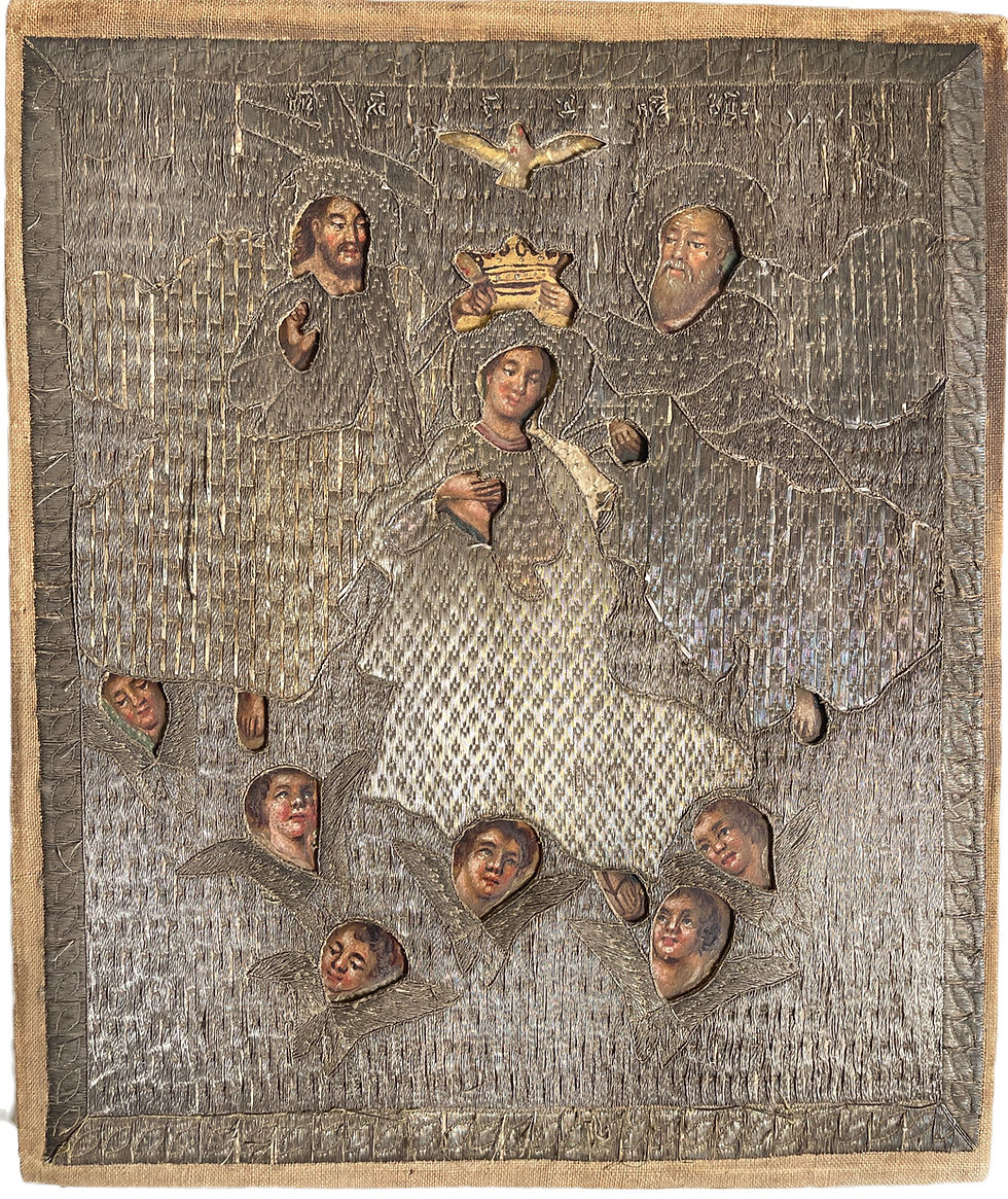 Antique Needlework Icon Depicting the Crowning of the Virgin Mary