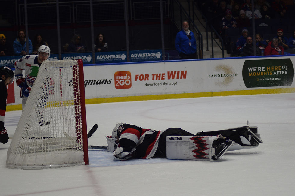 Amerks right wing Isak Rosen scoring the game-winning-goal in OT on December 19, 2025. Photo credit: Mateo Ortiz / 89.1 The Point