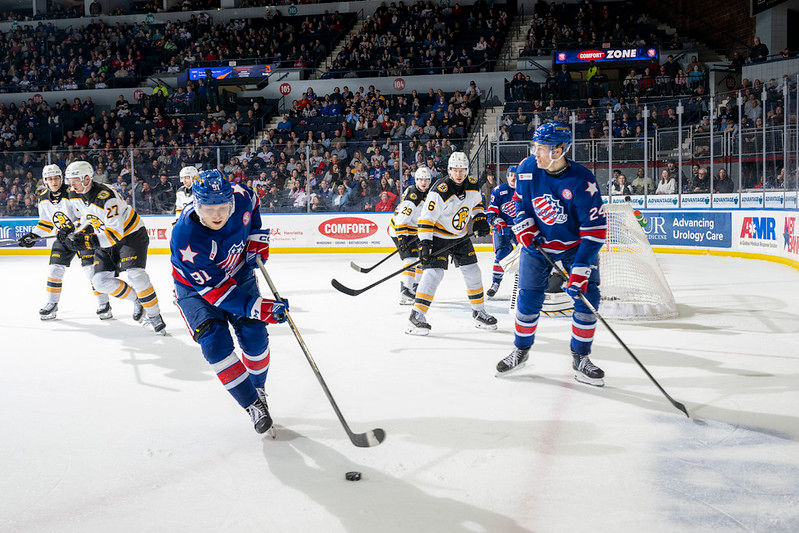 Amerks center #91 Konsta Helenius skating with the puck on April 4, 2026. Photo credit: Micheline Veluvolu/ Rochester Americans