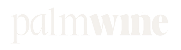 Minimalistic logo with the words 'palm wine.' 'palm wine' is in a light beige serif font on a white background.