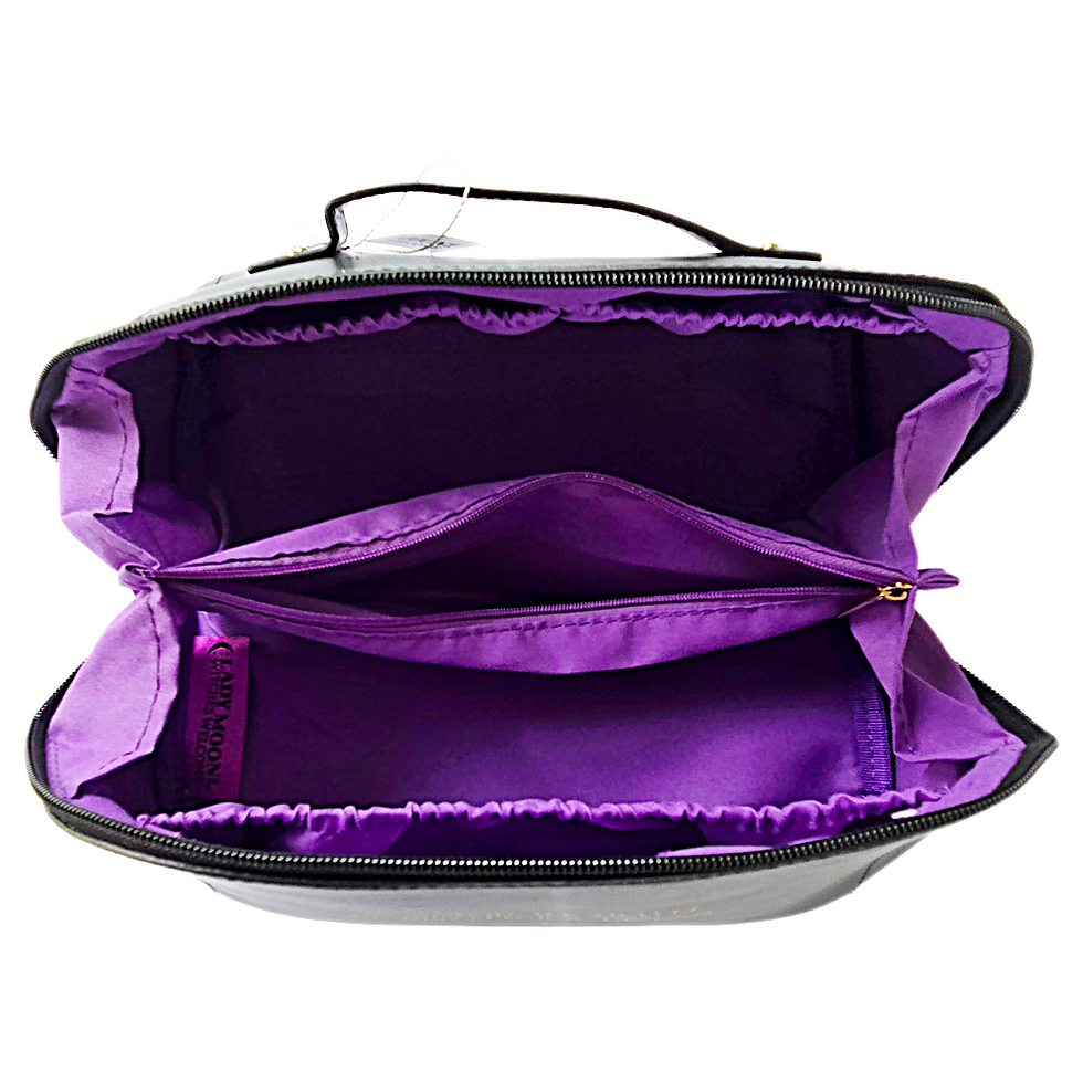 Interior violet lining of the black travel altar case