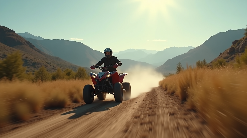 High angle view of a quad bike speeding along a dirt path with mountains in the distance