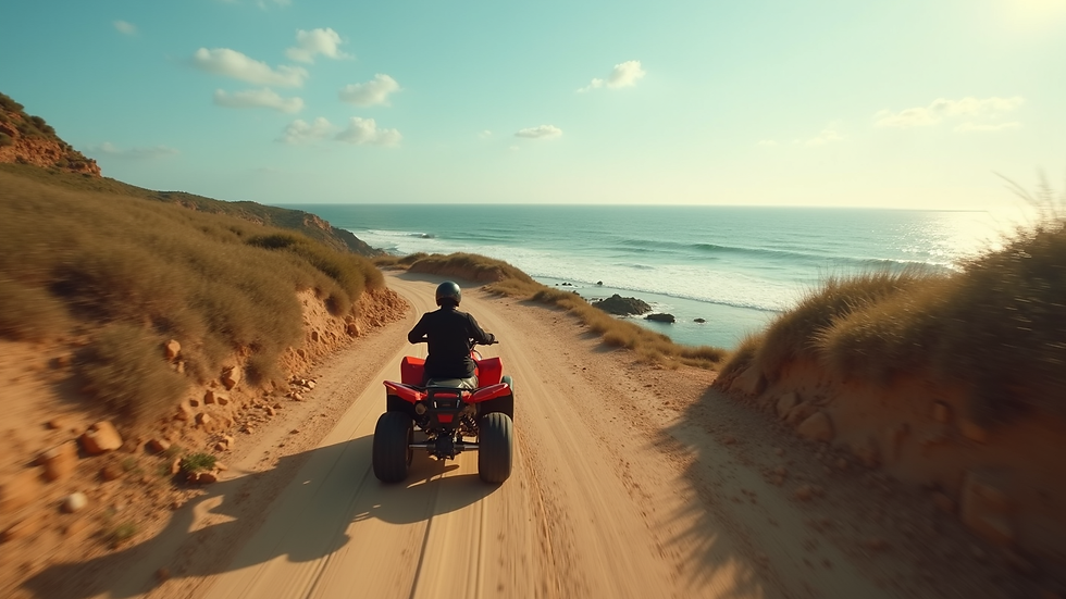 Wide angle view of a quad bike riding along a coastal dirt path with sea in the background