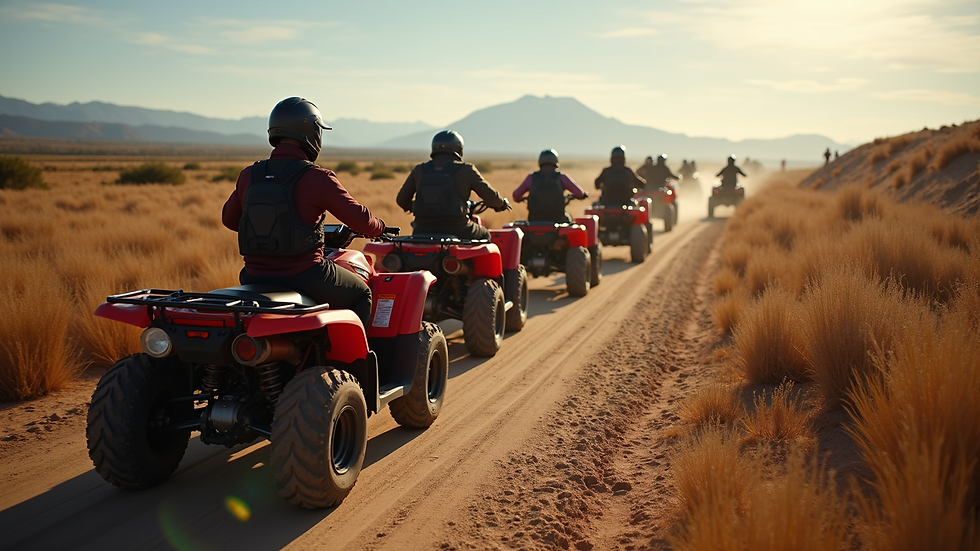 High angle view of a group of ATVs lined up on a dirt path ready to start a tour