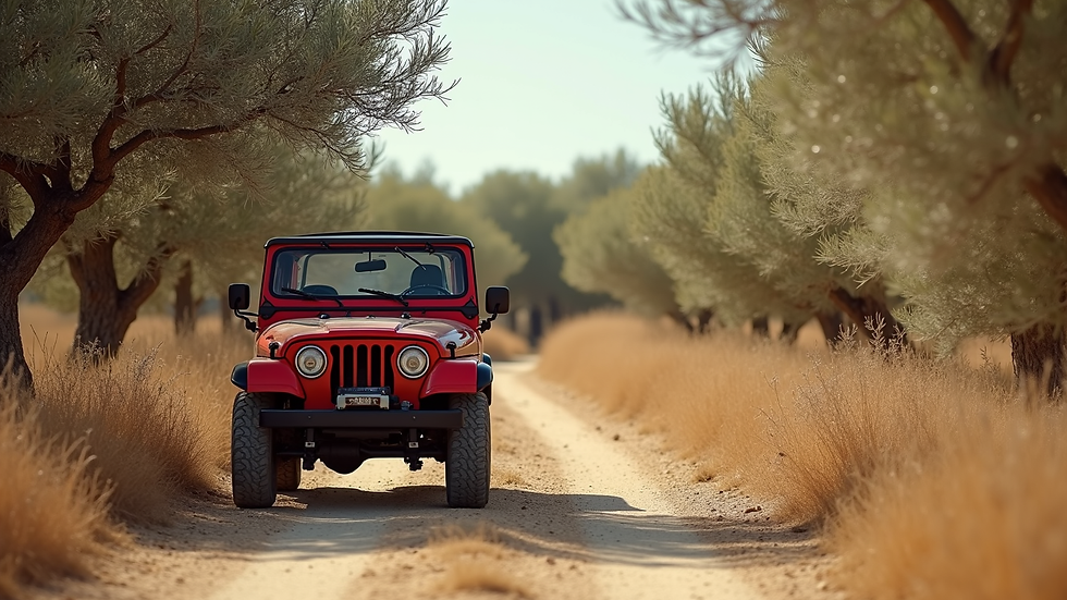 Eye-level view of a red buggy parked on a dusty trail with olive trees in the background
