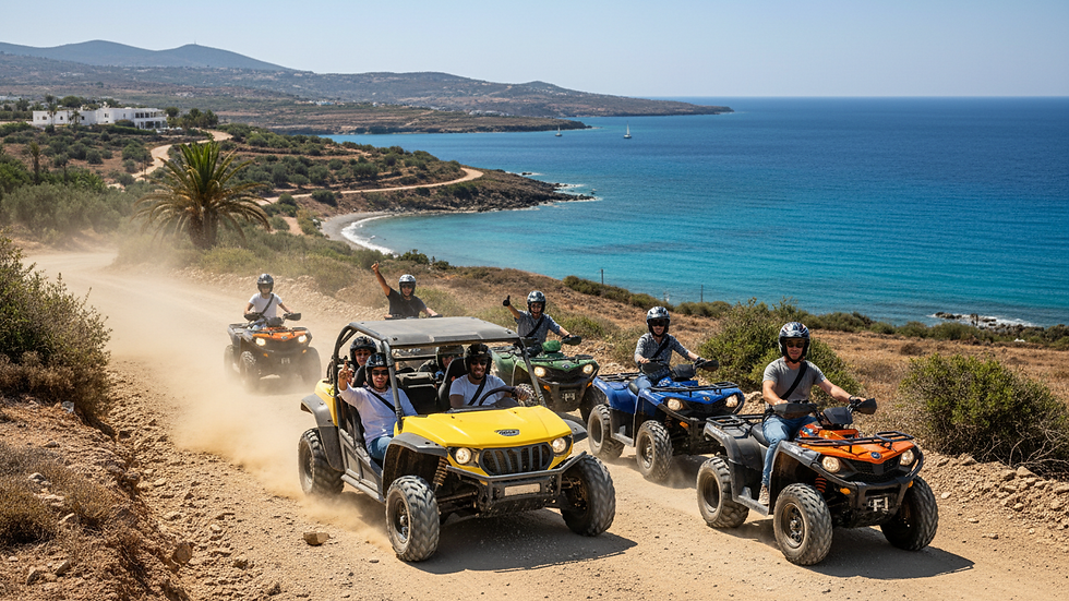 Wide angle view of a buggy driving along a coastal dirt road with sea in the background