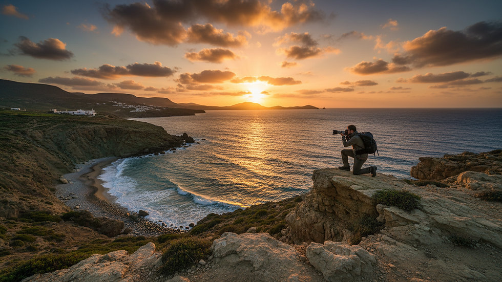 Wide angle view of a photographer capturing a sunset over the Cretan coastline