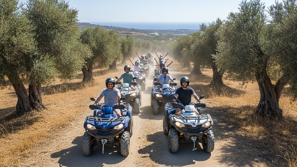 Wide angle view of an ATV crossing a dirt path with olive trees on both sides