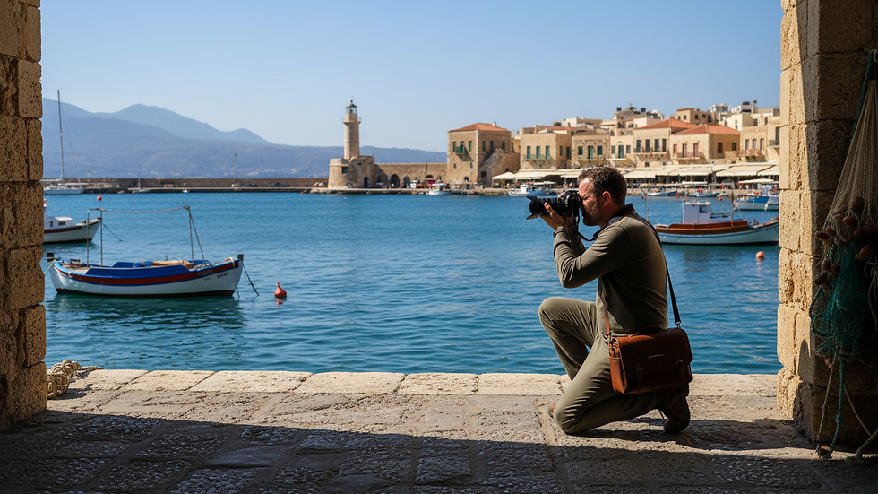 Eye-level view of a photographer capturing the Venetian harbor in Chania Old Town