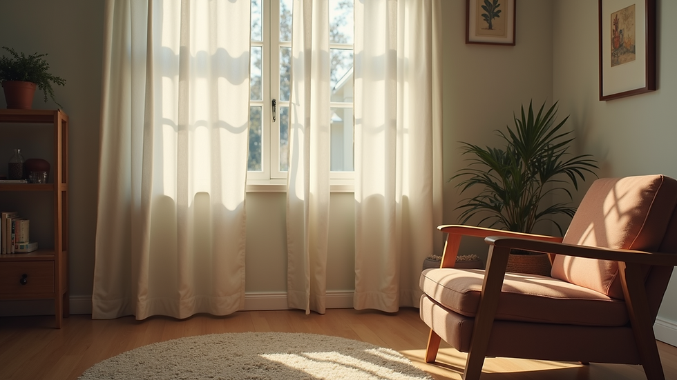 Eye-level view of a calm living room with a cozy chair and soft lighting
