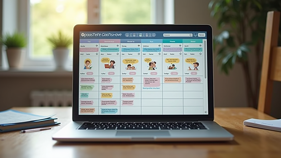 Eye-level view of a laptop screen showing a colorful visual schedule for children