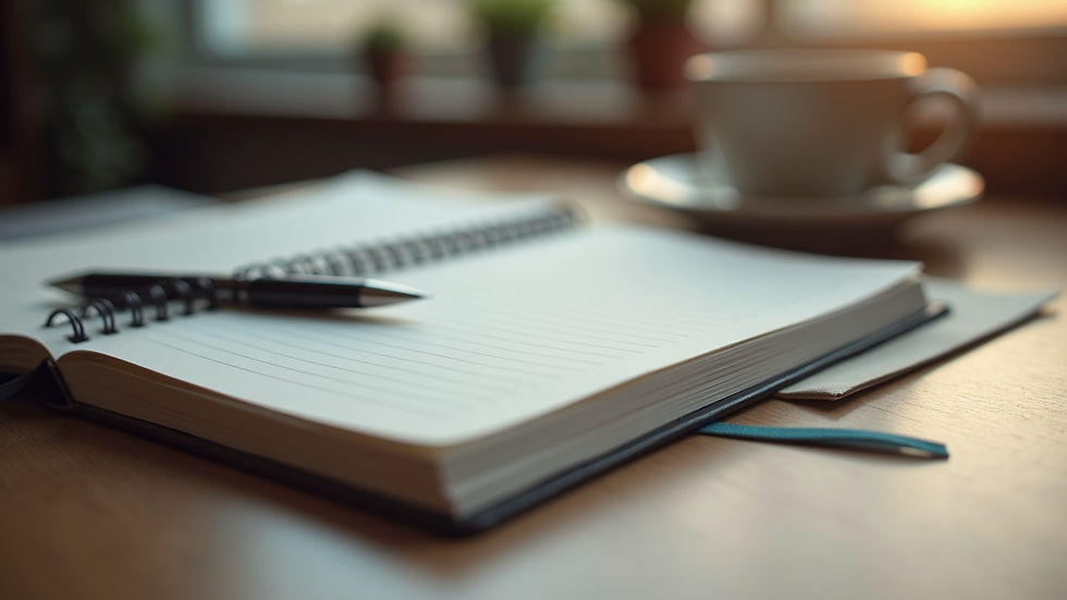 Close-up view of a journal and pen on a wooden table for stress tracking