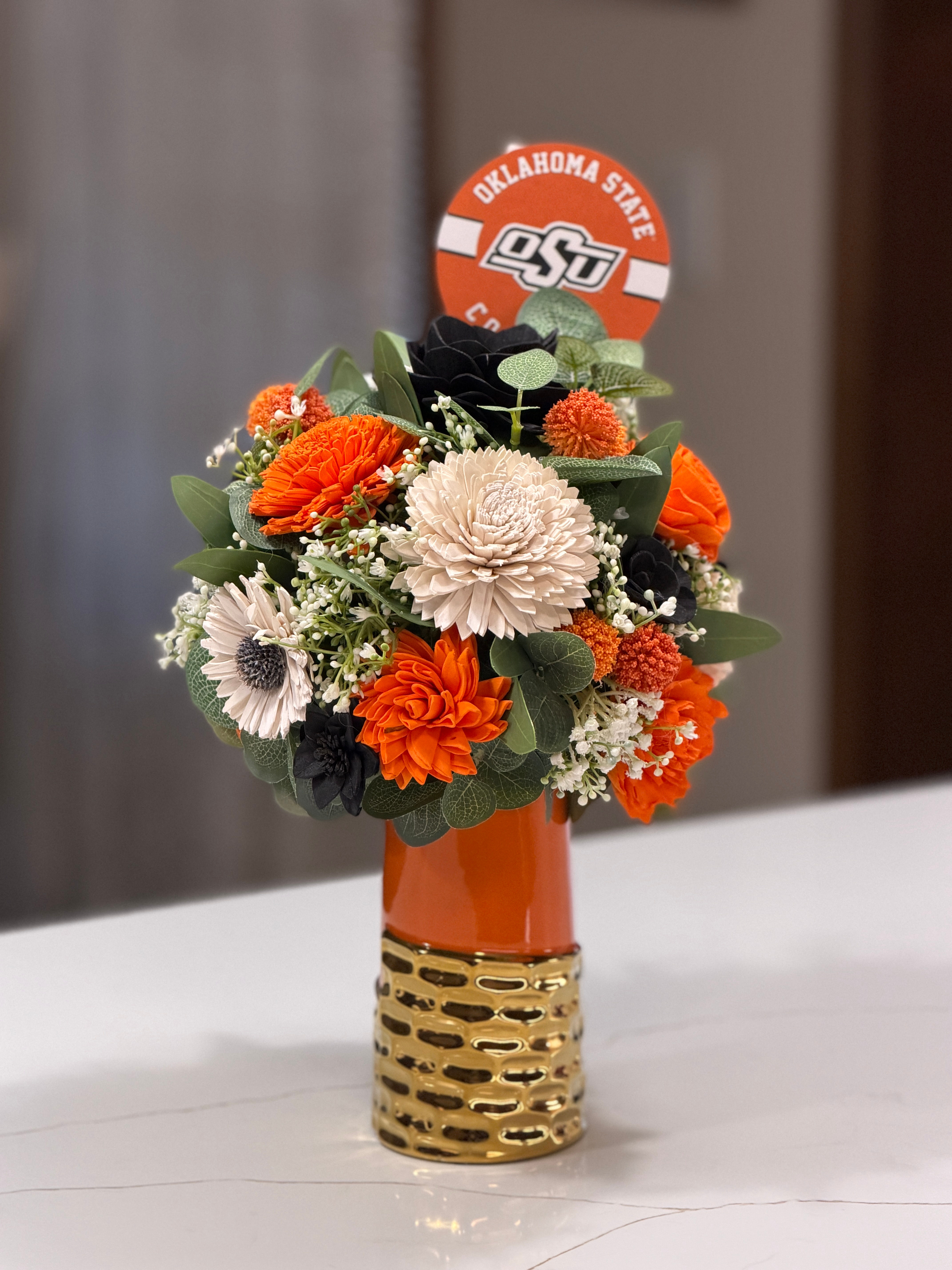 OSU Flowers in Tall Orange Vase