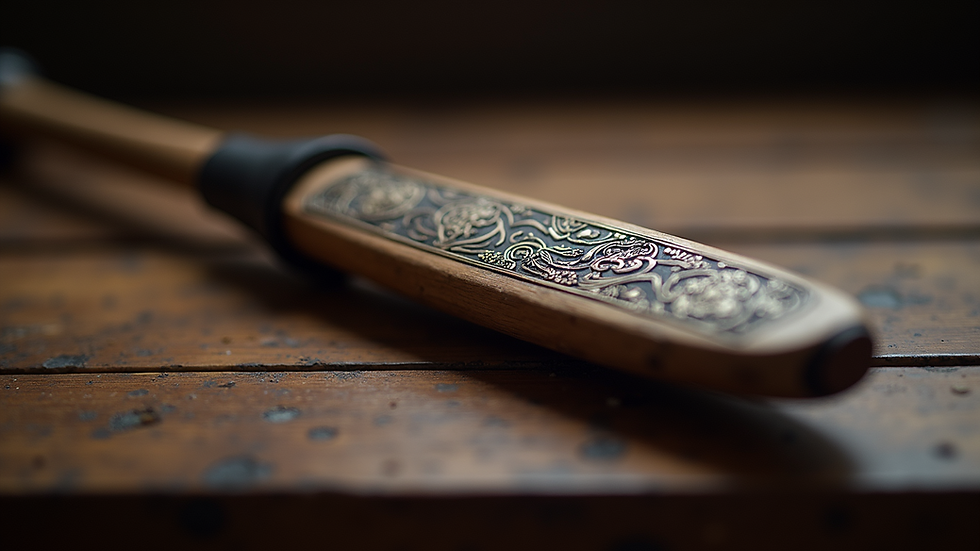 Close-up view of a beautifully crafted Tribute Bat with intricate designs