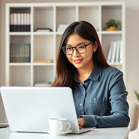 A beautiful young Asian woman with glasses is using laptop computer. Her room is a bright