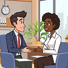 A 2 person job interview scene set in a business or company office with a white man and no