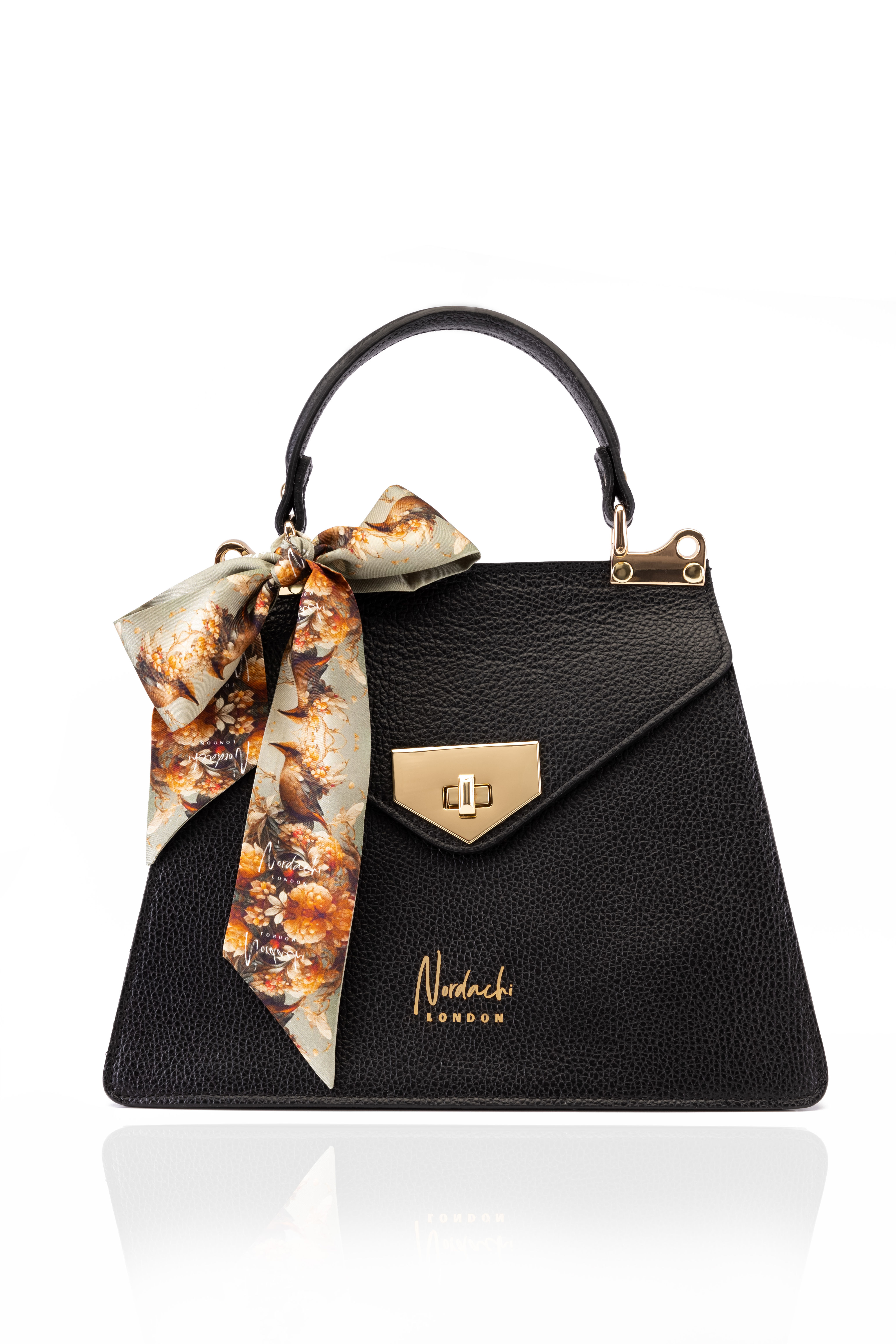 Full grained leather black handbag – London Rain front view with gold hardware and silk floral scarf