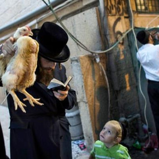 An Orthodox Jewish man participating in the ceremony called "Kaparot", involves waving a live chicken above one's head