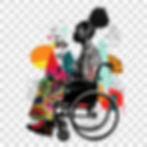 Ilustração de uma mulher negra sentada em uma cadeira de rodas, vista de perfil. Ela usa roupas com padrões vibrantes e coloridos, combinando elementos geométricos e abstratos. Ao fundo, há formas geométricas e desenhos coloridos em tons de laranja, rosa, verde e amarelo, que adicionam um toque artístico e dinâmico à composição. O cabelo da mulher está preso em um coque volumoso, e há traços gráficos em seu rosto, dando um efeito de colagem moderna.