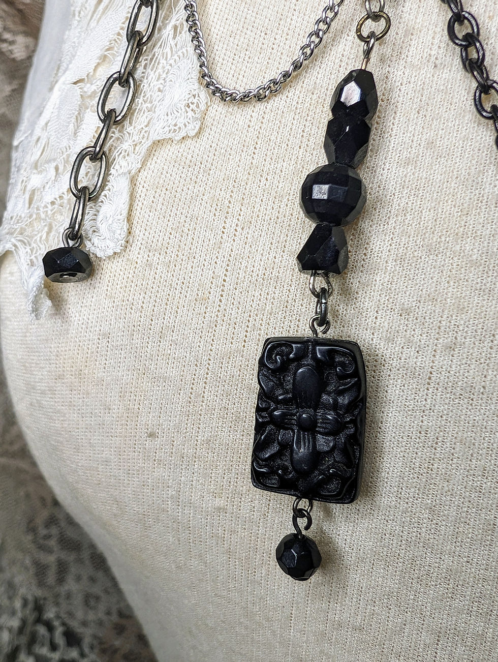 Thumbnail: Jaw Bone Necklace with Vintage Black Beads