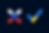 a cross with a russian flag and a check mark with a Ukrainian flag
