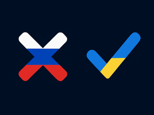 a cross with a russian flag and a check mark with a Ukrainian flag