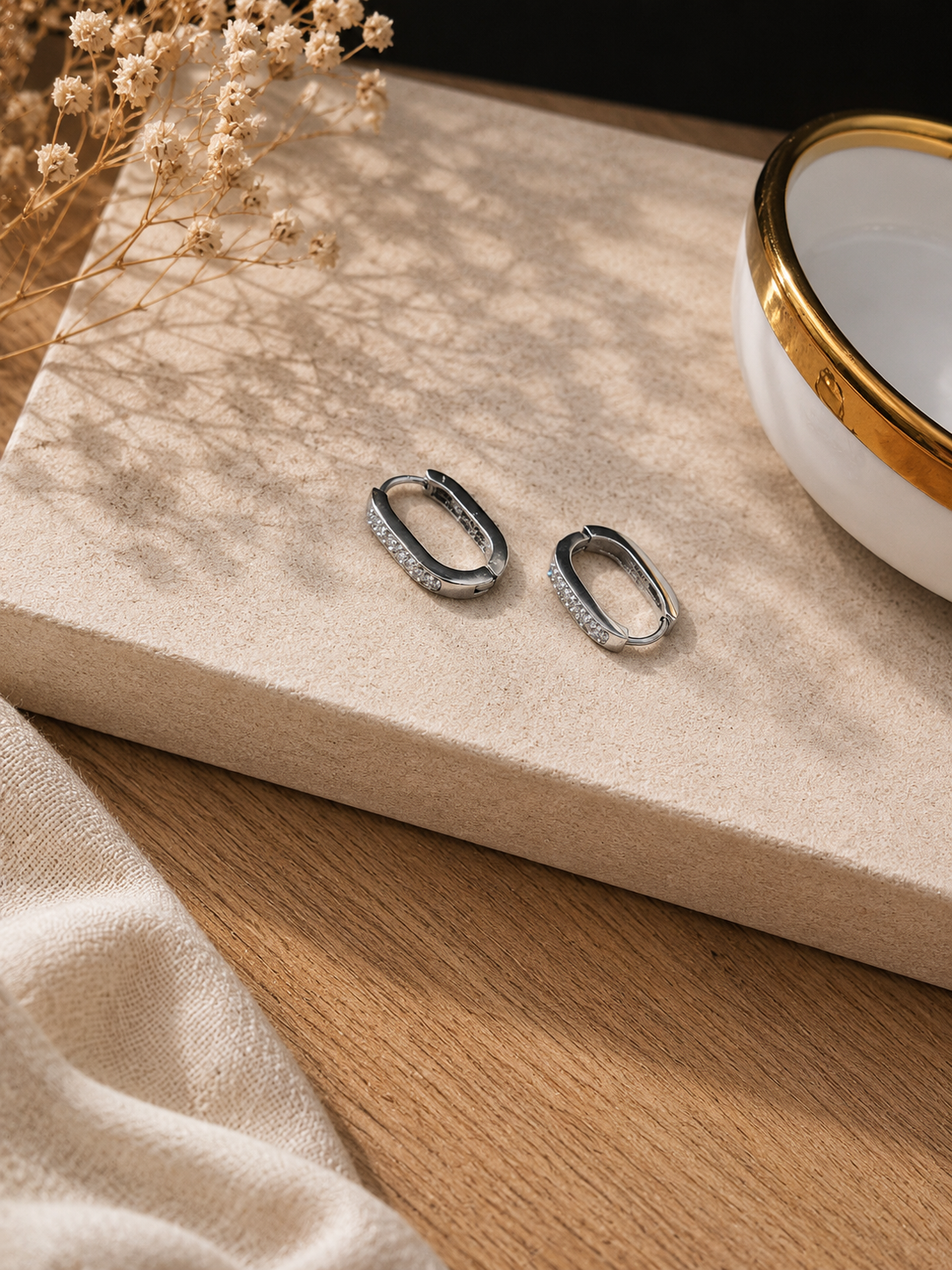Silver rectangle round hoop earring 