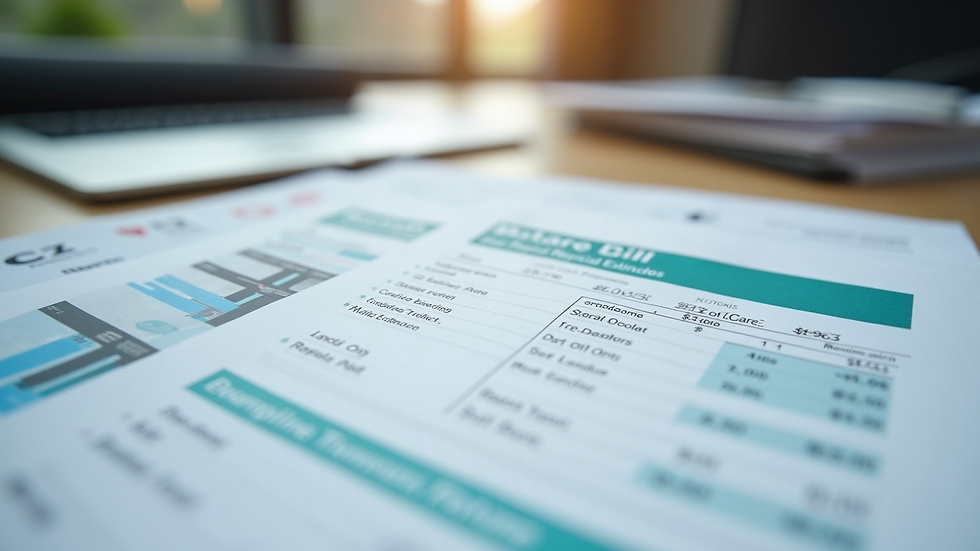Close-up view of medical bills and car repair estimates on a table