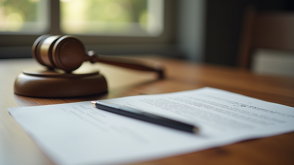 Close-up view of legal documents and a gavel on a wooden table