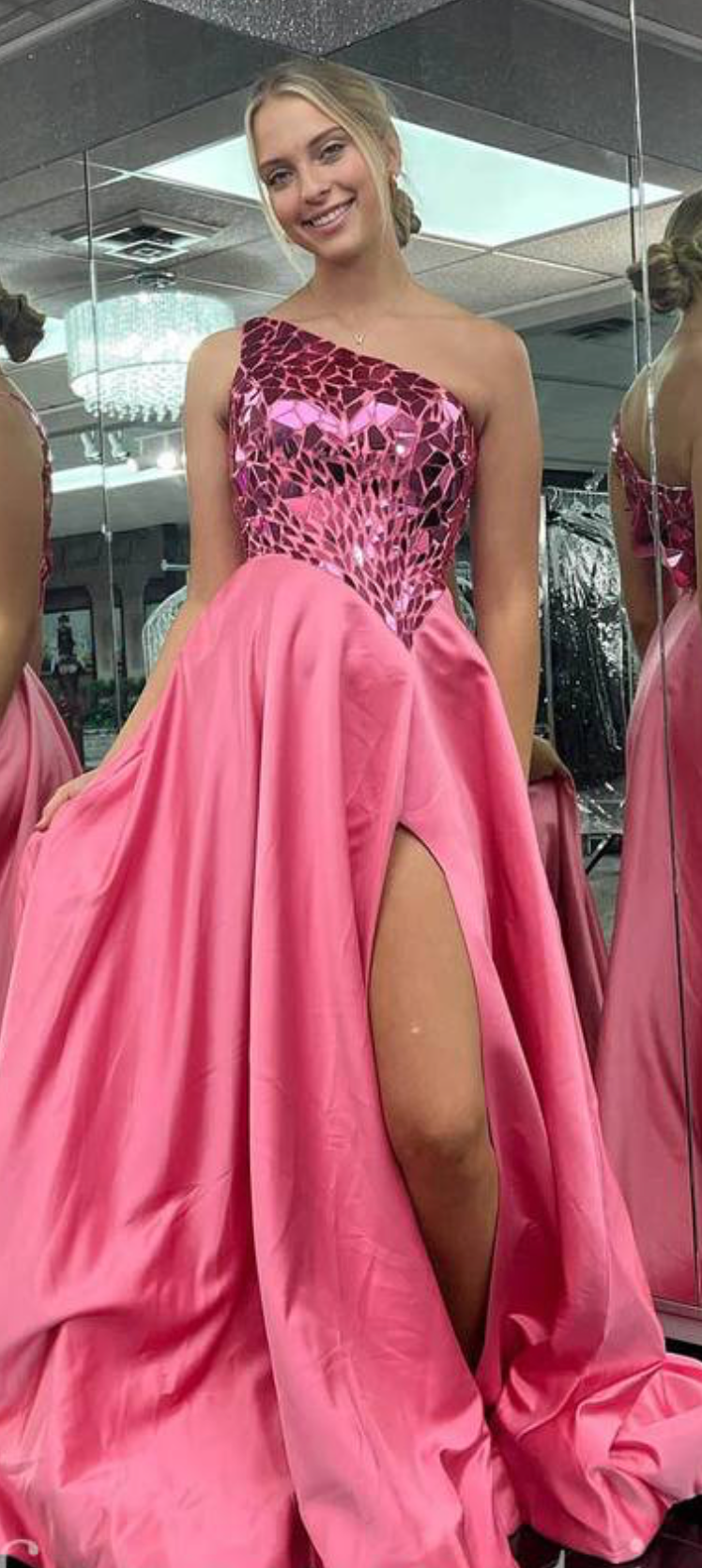 One Shoulder Mirror-Sequin A-Line Prom Dress with Slit size 2