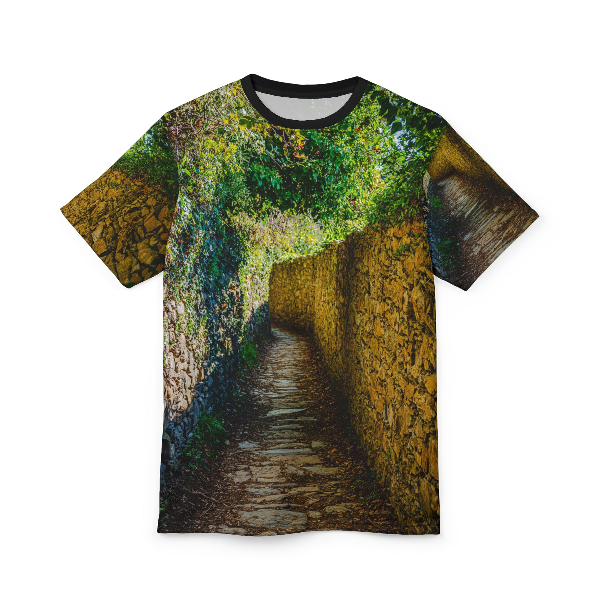 Scenic Stone Path All-Over Print Tee — Nature Walk Landscape Shirt