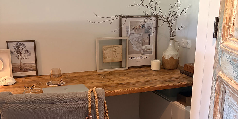 An old table re-used as desk and restyled with interior decorations