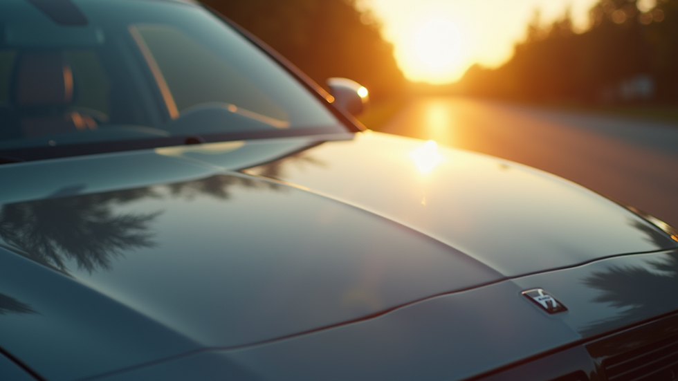Close-up view of a shiny car hood reflecting sunlight