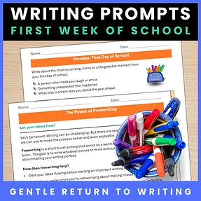 orange and blue themed writing prompts thumbnail with colourful worksheet and blue cup with pens