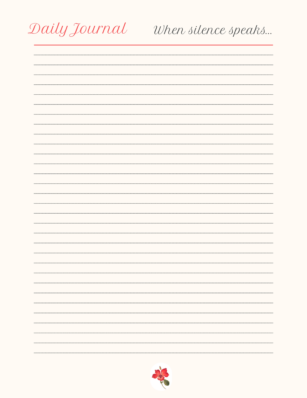 Lined journal page with "Daily Journal" in red and "When silence speaks..." in gray at top. Floral graphic at bottom. Calm, minimalist design.
